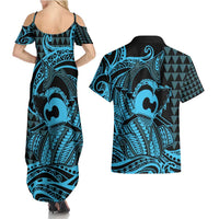 Koa Ikaika Warrior Helmet with Shark Couples Matching Summer Maxi Dress and Hawaiian Shirt Blue Kakau Style