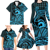 Koa Ikaika Warrior Helmet with Shark Family Matching Long Sleeve Bodycon Dress and Hawaiian Shirt Blue Kakau Style LT9 - Polynesian Pride