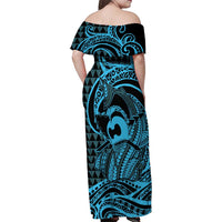 Koa Ikaika Warrior Helmet with Shark Family Matching Off Shoulder Maxi Dress and Hawaiian Shirt Blue Kakau Style