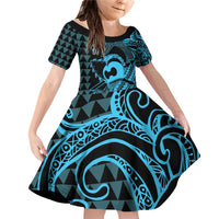 Koa Ikaika Warrior Helmet with Shark Family Matching Off Shoulder Short Dress and Hawaiian Shirt Blue Kakau Style LT9 Daughter's Dress Blue - Polynesian Pride