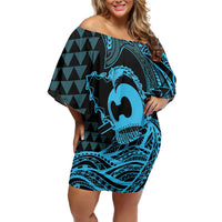 Koa Ikaika Warrior Helmet with Shark Family Matching Off Shoulder Short Dress and Hawaiian Shirt Blue Kakau Style LT9 Mom's Dress Blue - Polynesian Pride