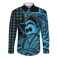 Koa Ikaika Warrior Helmet with Shark Family Matching Short Sleeve Bodycon Dress and Hawaiian Shirt Blue Kakau Style LT9 Dad's Shirt - Long Sleeve Blue - Polynesian Pride