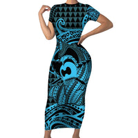 Koa Ikaika Warrior Helmet with Shark Family Matching Short Sleeve Bodycon Dress and Hawaiian Shirt Blue Kakau Style LT9 Mom's Dress Blue - Polynesian Pride