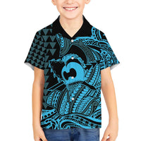 Koa Ikaika Warrior Helmet with Shark Hawaiian Shirt Blue Kakau Style
