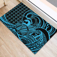 Koa Ikaika Warrior Helmet with Shark Rubber Doormat Blue Kakau Style