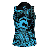 Koa Ikaika Warrior Helmet with Shark Women Sleeveless Polo Shirt Blue Kakau Style