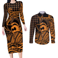 Koa Ikaika Warrior Helmet with Shark Couples Matching Long Sleeve Bodycon Dress and Long Sleeve Button Shirt Gold Kakau Style