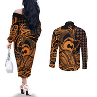 Koa Ikaika Warrior Helmet with Shark Couples Matching Off The Shoulder Long Sleeve Dress and Long Sleeve Button Shirt Gold Kakau Style