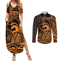 Koa Ikaika Warrior Helmet with Shark Couples Matching Summer Maxi Dress and Long Sleeve Button Shirt Gold Kakau Style