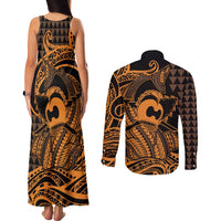 Koa Ikaika Warrior Helmet with Shark Couples Matching Tank Maxi Dress and Long Sleeve Button Shirt Gold Kakau Style