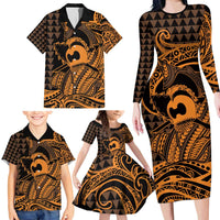Koa Ikaika Warrior Helmet with Shark Family Matching Long Sleeve Bodycon Dress and Hawaiian Shirt Gold Kakau Style LT9 - Polynesian Pride