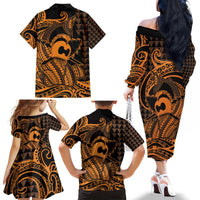 Koa Ikaika Warrior Helmet with Shark Family Matching Off The Shoulder Long Sleeve Dress and Hawaiian Shirt Gold Kakau Style LT9 - Polynesian Pride