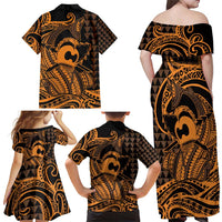 Koa Ikaika Warrior Helmet with Shark Family Matching Off Shoulder Maxi Dress and Hawaiian Shirt Gold Kakau Style LT9 - Polynesian Pride