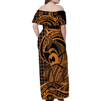 Koa Ikaika Warrior Helmet with Shark Family Matching Off Shoulder Maxi Dress and Hawaiian Shirt Gold Kakau Style LT9 - Polynesian Pride