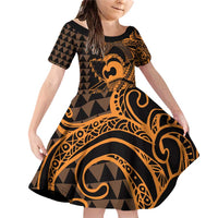 Koa Ikaika Warrior Helmet with Shark Family Matching Off Shoulder Short Dress and Hawaiian Shirt Gold Kakau Style LT9 Daughter's Dress Gold - Polynesian Pride