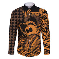 Koa Ikaika Warrior Helmet with Shark Family Matching Short Sleeve Bodycon Dress and Hawaiian Shirt Gold Kakau Style LT9 Dad's Shirt - Long Sleeve Gold - Polynesian Pride