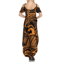 Koa Ikaika Warrior Helmet with Shark Family Matching Summer Maxi Dress and Hawaiian Shirt Gold Kakau Style LT9 - Polynesian Pride