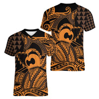 Koa Ikaika Warrior Helmet with Shark Women V-Neck T-Shirt Gold Kakau Style