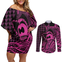 Koa Ikaika Warrior Helmet with Shark Couples Matching Off Shoulder Short Dress and Long Sleeve Button Shirt Pink Kakau Style