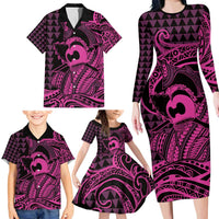 Koa Ikaika Warrior Helmet with Shark Family Matching Long Sleeve Bodycon Dress and Hawaiian Shirt Pink Kakau Style LT9 - Polynesian Pride