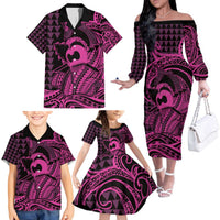 Koa Ikaika Warrior Helmet with Shark Family Matching Off The Shoulder Long Sleeve Dress and Hawaiian Shirt Pink Kakau Style LT9 - Polynesian Pride