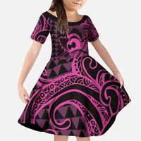 Koa Ikaika Warrior Helmet with Shark Family Matching Off Shoulder Maxi Dress and Hawaiian Shirt Pink Kakau Style LT9 Daughter's Dress Pink - Polynesian Pride