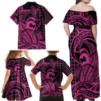 Koa Ikaika Warrior Helmet with Shark Family Matching Off Shoulder Maxi Dress and Hawaiian Shirt Pink Kakau Style LT9 - Polynesian Pride