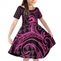Koa Ikaika Warrior Helmet with Shark Family Matching Off Shoulder Short Dress and Hawaiian Shirt Pink Kakau Style LT9 Daughter's Dress Pink - Polynesian Pride