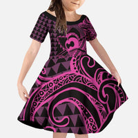 Koa Ikaika Warrior Helmet with Shark Family Matching Tank Maxi Dress and Hawaiian Shirt Pink Kakau Style LT9 Daughter's Dress Pink - Polynesian Pride