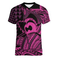 Koa Ikaika Warrior Helmet with Shark Women V-Neck T-Shirt Pink Kakau Style