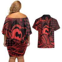 Koa Ikaika Warrior Helmet with Shark Couples Matching Off Shoulder Short Dress and Hawaiian Shirt Red Kakau Style
