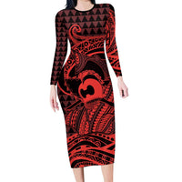 Koa Ikaika Warrior Helmet with Shark Family Matching Long Sleeve Bodycon Dress and Hawaiian Shirt Red Kakau Style LT9 Mom's Dress Red - Polynesian Pride