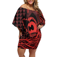 Koa Ikaika Warrior Helmet with Shark Family Matching Off Shoulder Short Dress and Hawaiian Shirt Red Kakau Style LT9 Mom's Dress Red - Polynesian Pride