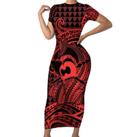 Koa Ikaika Warrior Helmet with Shark Family Matching Short Sleeve Bodycon Dress and Hawaiian Shirt Red Kakau Style LT9 Mom's Dress Red - Polynesian Pride