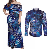 North Island Kokako and South Island Kokako Couples Matching Off Shoulder Maxi Dress and Long Sleeve Button Shirt New Zealand Native Bird with Galaxy Vibe