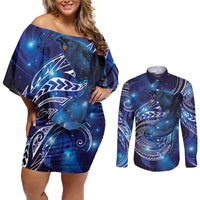 North Island Kokako and South Island Kokako Couples Matching Off Shoulder Short Dress and Long Sleeve Button Shirt New Zealand Native Bird with Galaxy Vibe