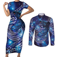 North Island Kokako and South Island Kokako Couples Matching Short Sleeve Bodycon Dress and Long Sleeve Button Shirt New Zealand Native Bird with Galaxy Vibe