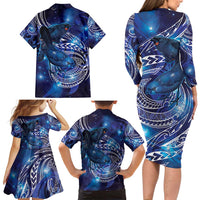 North Island Kokako and South Island Kokako Family Matching Long Sleeve Bodycon Dress and Hawaiian Shirt New Zealand Native Bird with Galaxy Vibe LT9 - Polynesian Pride