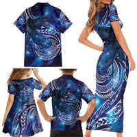 North Island Kokako and South Island Kokako Family Matching Short Sleeve Bodycon Dress and Hawaiian Shirt New Zealand Native Bird with Galaxy Vibe LT9 - Polynesian Pride