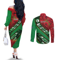 Personalised Cook Islands ANZAC 1915-2026 Filmstrip Couples Matching Off The Shoulder Long Sleeve Dress and Long Sleeve Button Shirt Lest We Forget 25 April LT9 - Polynesian Pride