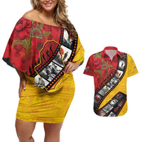 Personalised Niue ANZAC 1915-2026 Filmstrip Couples Matching Off Shoulder Short Dress and Hawaiian Shirt Lest We Forget 25 April LT9 Gold - Polynesian Pride