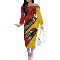 Personalised Niue ANZAC 1915-2026 Filmstrip Family Matching Off The Shoulder Long Sleeve Dress and Hawaiian Shirt Lest We Forget 25 April LT9 Mom's Dress Gold - Polynesian Pride