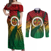 Personalised Vanuatu Yumi 44th Indipendens Dei Couples Matching Off Shoulder Maxi Dress and Long Sleeve Button Shirt Vanuatuan Broad Tusk with Polynesian Tribal