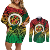 Personalised Vanuatu Yumi 44th Indipendens Dei Couples Matching Off Shoulder Short Dress and Long Sleeve Button Shirt Vanuatuan Broad Tusk with Polynesian Tribal LT9 Reggae - Polynesian Pride