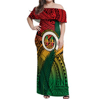 Personalised Vanuatu Yumi 44th Indipendens Dei Off Shoulder Maxi Dress Vanuatuan Broad Tusk with Polynesian Tribal