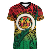 Personalised Vanuatu Yumi 44th Indipendens Dei Women V Neck T Shirt Vanuatuan Broad Tusk with Polynesian Tribal