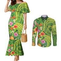 Polynesian Tribal Flower Tattoo Couples Matching Mermaid Dress and Long Sleeve Button Shirt Special Lime Green Vibe