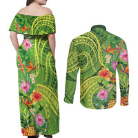 Polynesian Tribal Flower Tattoo Couples Matching Off Shoulder Maxi Dress and Long Sleeve Button Shirt Special Lime Green Vibe