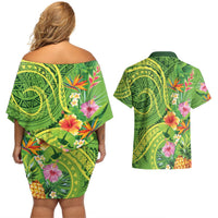 Polynesian Tribal Flower Tattoo Couples Matching Off Shoulder Short Dress and Hawaiian Shirt Special Lime Green Vibe