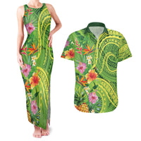 Polynesian Tribal Flower Tattoo Couples Matching Tank Maxi Dress and Hawaiian Shirt Special Lime Green Vibe